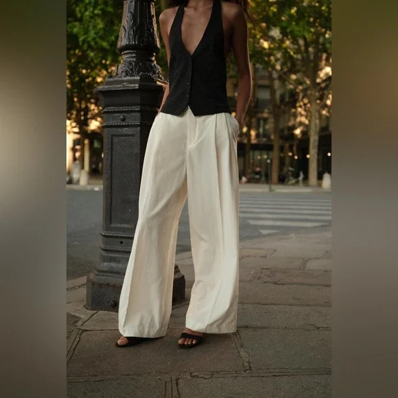 Zara Cream Linen Blend Pants Trousers Size Large - Picture 5 of 7